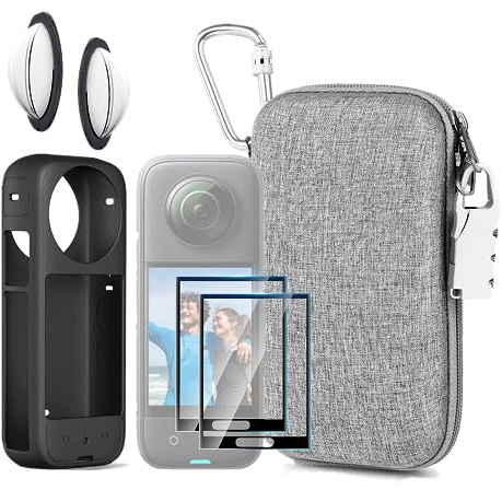 LEWOTE 7-in-1-Zubehör-Set für Insta360 X3, Silikon-Kameratasche, Objektivschutzfolie, Displayschutzfolie, Outdoor-Tragetasche mit automatischer Verriegelung und Anti-Verlust-Verriegelung