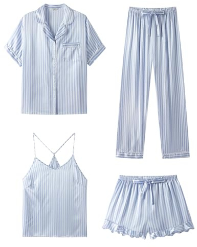 SAPJON Silk Pajamas for Women Set 4Pcs Ruffled Satin Pajamas Set Button Down Short Sleeve Cami Shorts Sleepwear Pj Set