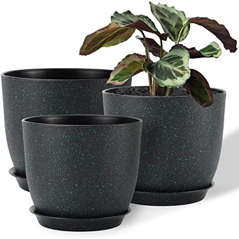 FORAGIFT 25/23/20cm Plant Pots Indoor, 3 Pack Modern Decorative Plastic Planters with Drainage Holes and Tray for House Plants, Black with Green Speckles