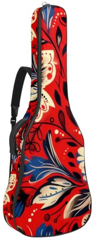Universal Gitarrentasche für 40/41/42 Zoll Akustikgitarre mit Zubehörfach, Rot Schwarz Blumen, mehrfarbig, 42.9x16.9x4.7 in, Gitarrentasche