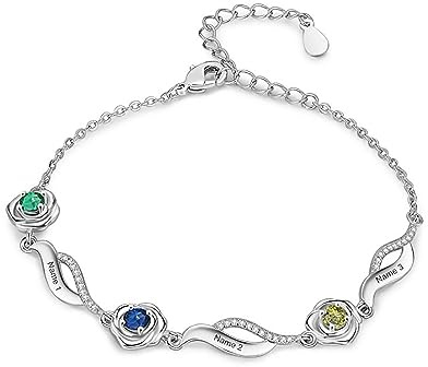 Rikelus Personalisiertes Armbänder Fußkettchen mit 1–4 Geburtssteinen und Eingravierten Namen Für Frauen, Sterlingsilber Personalisiertes Fußkettchen, Schmuckgeschenk Geburtstag