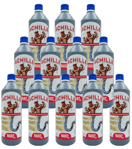 ACHILLE Disgorgante Disotturante Liquido Professionale Per Tubi e Scarichi WC Bagno, Cucina, Doccia e Vasca, Non danneggia le Tubature. NA92 ML 1000ML (Confezione da 12 PZ)