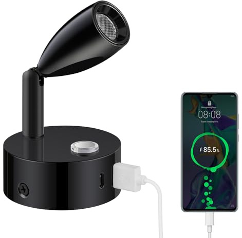 ERWEY LED Leselampe 12V Wohnmobil Touch Dimmbar 3 Farbtemperatur Modi, Wandlampe mit Ladefunktion USB A+C-Anschlüssen, DC 12V-24V Spot Innenbeleuchtung für Boot Auto Camper Van Yacht, Schwarz