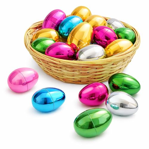 GiftExpress 50 Pcs Metallic Color Easter Eggs - Golden Assorted Colorful Hinged Eggs for Easter Egg Hunt, Basket Stuffer Party Toys, Surprising Egg, Classroom Prize - Plastic Egg Bulk 2.3