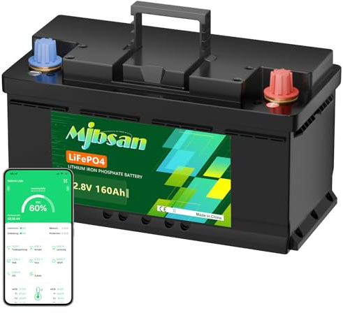 Mjbsan 12V 160Ah Deep Cycle LiFePO4-batteri med 150A BMS, 4000–15000 cykler, max. 2048 Wh energi med lågtemperaturavstängning, perfekt ersättning för bly-syrabatterier för husvagn, camping, solenergi