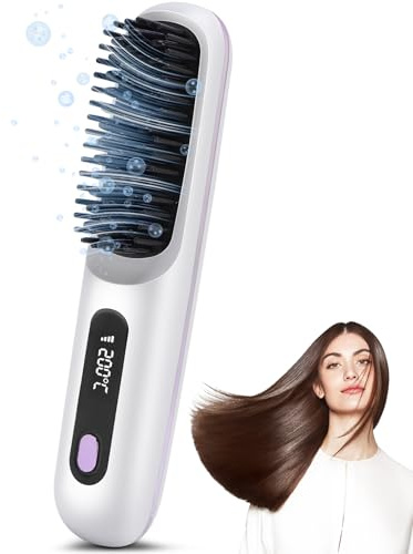 Brosse Lissante, Fer à Lisser Sans Fil, Brosse Lissante pour Cheveux, 3 RéGlages de TempéRature, Fer à Lisser Peigne Chauffant pour Tous les Types de Cheveu (Blanc)