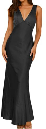 Gmeitoey Summer Satin Formal V Neck Backless Sleeveless Maxi Dress for Women 2026 Elegant Cocktail Wedding Guest Long Dresses Black