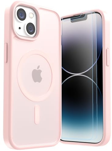 LUNOVATE Magnetic Shockproof for iPhone 14/13 Case, 14FT Protective Cover, Anti-Slip Texture Translucent Matte Phone Case with 2 Screen Protector for iPhone 14 / iPhone 13 - Pink Matte