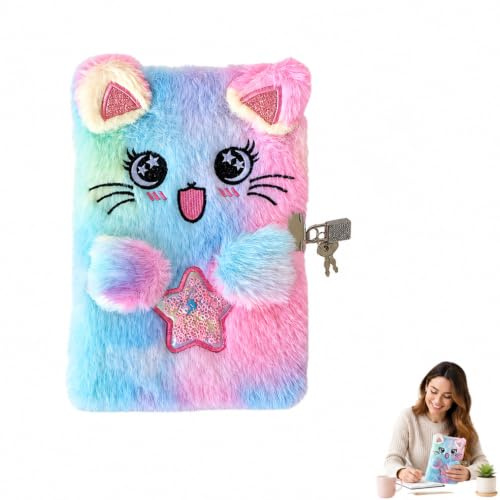 PMELCXD journal intime A5 fille – carnet secret avec cadenas – peluche douce motif chat + 10 stickers + stylo pompon + trousse – idée cadeau anniversaire ou Noël