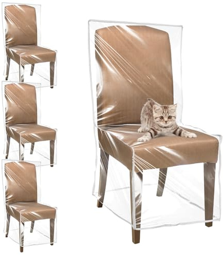 Exclaith 4 Pack Plastic Dining Room Chair Covers with Backrests Clear PVC Seat Protectors Keep Your Dining Chair Away from Water, Dust, Paws, and Claws, 20 D x 22 W x 41 H