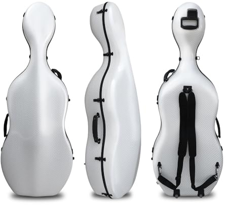 YoungMonic Cello Case 4/4 Full Size Carbon Fiber Cello Box with Wheels & Embedded Handle Hard Shell Lightweight Backstrap Portable Cello Accessories (White)