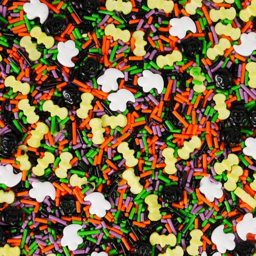 Halloween Streusel 120g - Essbare Zuckerstreusel Deko mit Totenköpfen, Fledermäusen, Geistern & Streuseln in Orange, Lila, Schwarz, Grün - Für Kekse, Cupcakes, Torten - Backdekoration Partyzubehör