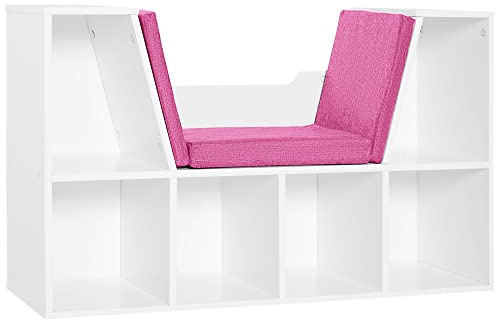 HOMCOM Librería con Asiento, Estantería de Libros con 6 Cubos, Estantería Almacenamiento con Banco con Cojín, Multiusos para Sala de Estar, Oficina, Dormitorio, 102x30x61cm, Blanco y Rosa