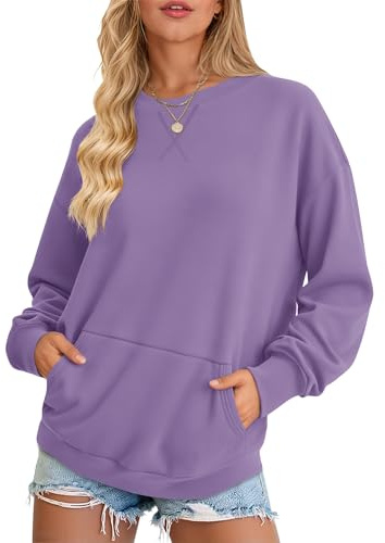 AUSELILY Damen Sweatshirt Oversized Pullover Locker Langarmshirt Rundhals Oberteile mit Taschen für Herbst Winter, Lila M