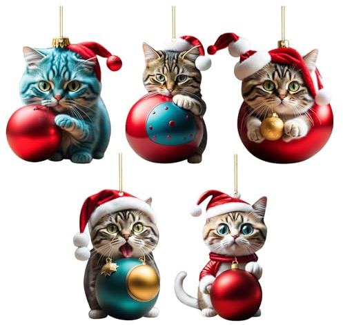 5 Stück Weihnachtsbaum Katze Anhänger, Acryl Cartoon Katze Deko Ornamente, 2D Spaß Weihnachten Anhänger Dekoration Weihnachtsbaum Dekoration Weihnachten Dekoration Geschenk
