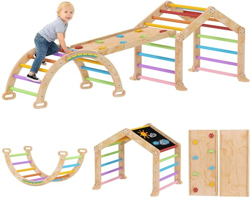 AIYAPLAY Climbing Frame for Toddlers Indoor Climbing Frame, 9 in 1 Wooden Baby Indoor Playground with Ramp, Slide, Arch, Ladder, Blackboard, Play Jungle Gym Climber for Kids 1.5-4 Years Old