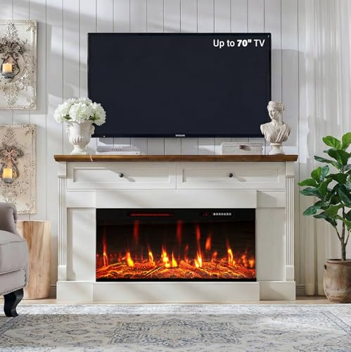 BREEZEHEAT 61 Electric Fireplace with Mantel, Freestanding Fireplace Heater TV Stand with 40 3-Side Glass Insert for TVs Up to 70 with 2 Drawers for Living Room, Antique White