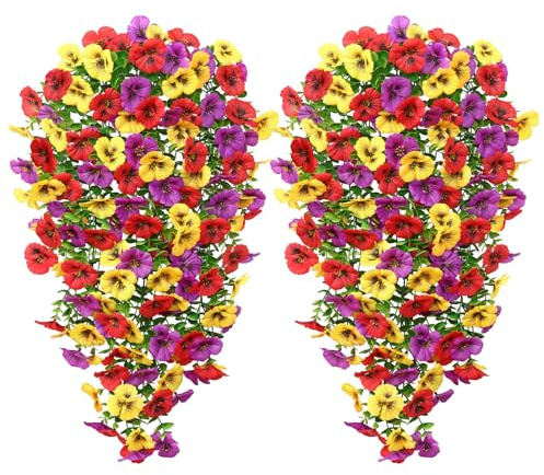 DEMIUKO 2PCS Artificial Hanging Flowers Outdoor Plants, Red Yellow Purple | Faux Outdoor Flowers, Artificial Hanging Plants, Silk Flowers, Fake Hanging Baskets Decor for Home Garden Balcony Fence