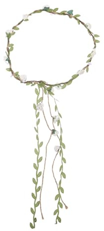 IWOWHERO Vitt Blomsterkrans Pannband med Flytande Band och Hamparep Livfull Bröllopsdekoration för Kvinnor Fotografiaccessoar och Festlig Blomsterkrans