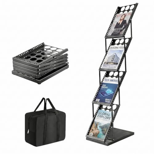 A4 Brochure Stand Magazine Rack Leaflet Holder Display Stand Floor Standing | Black Magazine Holder Folding Leaflet Book Magazine Display Stand for Offices, Exhibitions, Portable Leaflet Stand 4-Tier