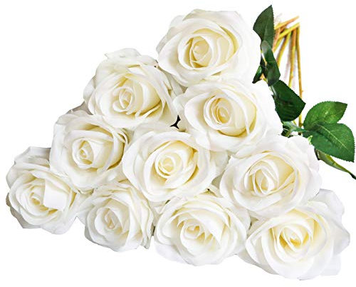 DuHouse 10Pcs Artificial Roses Fake Silk Flowers Realistic Bridal Bouquets with Single Long Plastic Stems for Arrangement Wedding Table Centerpiece Party Home Decor(White)