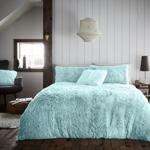 Lions Teddy Fleece Duvet Cover Set with Pillow Case, Hug Snug Shaggy Quilt Bedding, Warm and Cosy, Super Soft, Duck Egg, King Size, 230x220cm