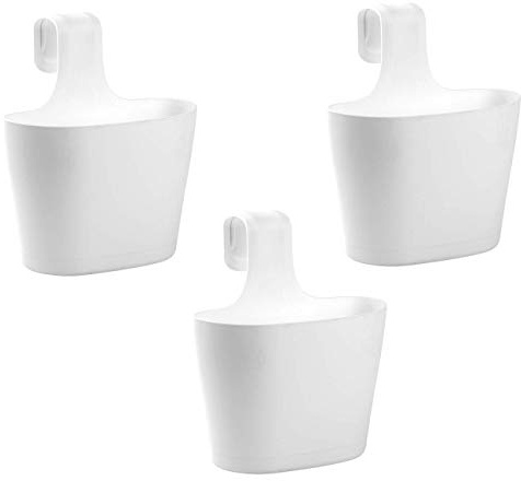 Engelland 3 x Blumentopf zum Auf-Hängen, Geländertopf, Weiß, Hängetopf, Balkon-Kasten, oval, Übertopf, Pflanzkasten, mit Wasserspeicher/Wasserauffangschale, 2,8 Liter