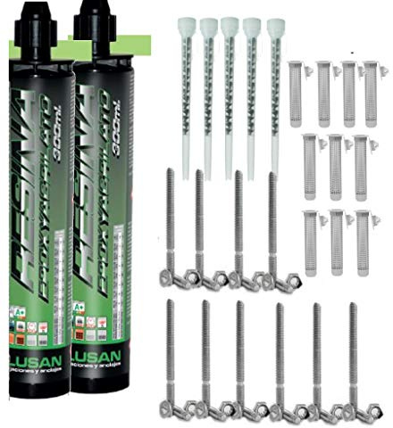 Bricoloco Kit Anclaje Químico Profesional Epoxi| Taco químico y accesorios | Kit Profesional de 2 Tacos químicos 300ml+5 Boquillas+10 tamices (12x80)+10 espárragos (8x100)