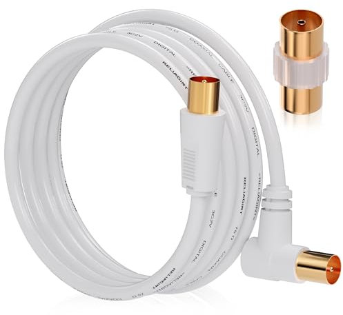 RELIAGINT TV Aerial Cable 1m – Pure Copper TV Coaxial Cable with Dual Shielding for Strong Signal – Straight or Right-Angle – Female-to-Female Adaptor Included – Fire-Resistant Aerial Connectors