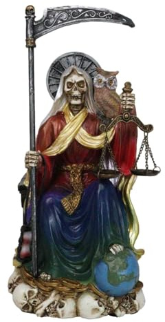 Ebros Gift 9 H Rainbow Tunic Robe Holy Death All Powerful Santa Muerte with Scythe and Scales Sitting On Throne Day of The Dead Decorative Figurine Ossuary Macabre Grim Reaper Skeletons Skull Accent
