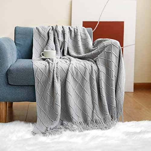 LumiSyne Gestrickte Decke Mit Quaste Einfarbig Geometrische Muster Kuscheldecke Strickdecke Tagesdecke Überwurf Couchdecke Dekorative Decke Für Sofa Bett 230x130cm