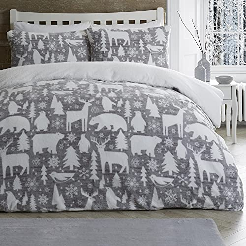 Fusion - Funda nórdica de Forro Polar Artic Animals - 140 x 200 cm - 1 Funda de Almohada - Funda nórdica con Oso Polar, Ciervo y pingüino - Ropa de Cama navideña/Ropa de Cama de Invierno