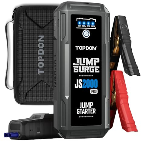 Car Battery Jump Starter, TOPDON 2000A Peak Jump Starter for Up to 8L Gas/6L Diesel Engines, 12V Portable Battery Booster Jump Starter Pack with Jumper Cables and EVA Protection Case