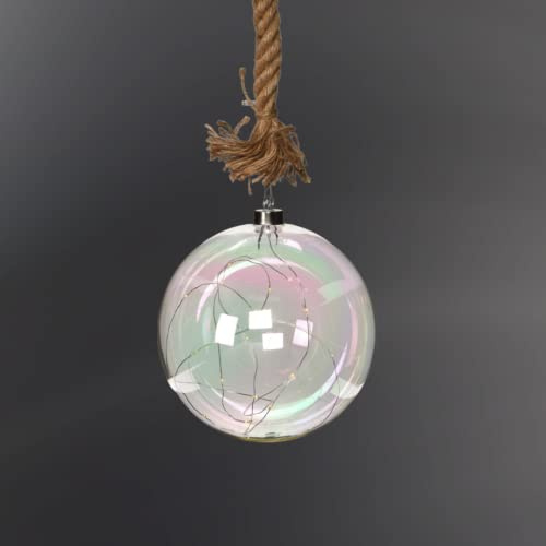 LED Light Up Glass Ball Orb Globe On 1m Brown Jute Rope With Timer Décor Xmas (Iridescent, 20cm)