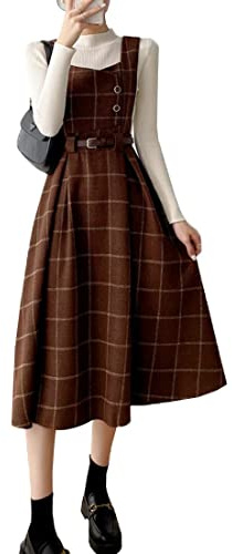 Himifashion Damen Vintage Kleid Japanisches Karomuster Kleid Damen Herbst Winter Woll-Träger Midi Kleid, braun, M