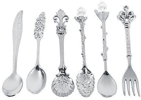 Forchette per cucchiai retrò, 6 pezzi/set Mini cucchiaini da caffè in metallo stile reale vintage e accessori per il caffè alla frutta da cucina(D'argento)