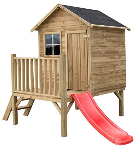 Gartenhaus Kinder mit Rutsche - Spielhaus Kinder Outdoor - Aus Imprägniertem Gehobeltem Kiefernholz - Originell und Einzigartig Gartenspielhaus (Dunkelgrüne Rutsche)