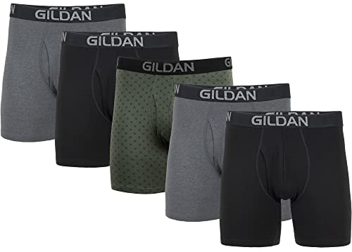 Gildan Men's Underwear Cotton Stretch Boxer Briefs, Multipack, Blk/Heather Dark Grey/Green Midnight (5-Pack), Medium