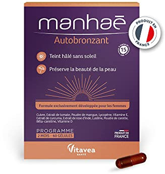 Vitavea - Manhaé - Autobronzant - Complément alimentaire autobronzant - Teint hâlé sans soleil - Préserve la beauté de la peau - 60 gélules - 2 mois - Fabriqué en France