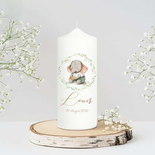 Wandtattoo Loft Taufkerze Junge oder Mädchen Motiv Elefant, 18cm x 7cm, personalisierte Kerze, bedruckte Kerze zur Taufe, Stumpenkerze, individuelles Taufgeschenk