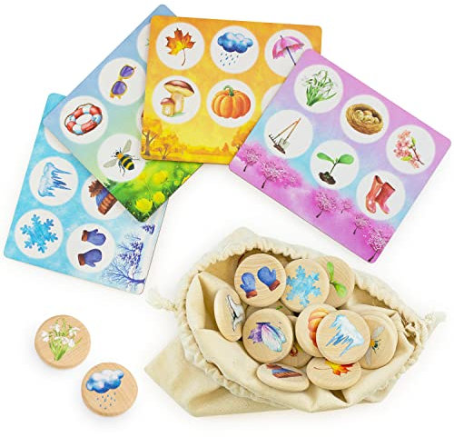 Ulanik Bingo Spiel für Kinder Jahreszeiten 24 STK Holzbrettspiel Ab 3 Jahre Lernspielzeug für Vorschule