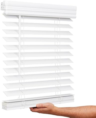 LOTUS & WINDOWARE 2 Inch Faux Wood Bright White Cordless Blind, 34.5W x 64H, Embossed, Blackout, Spot Clean, Living Room, Kitchen, Bedroom, Office, Bathroom