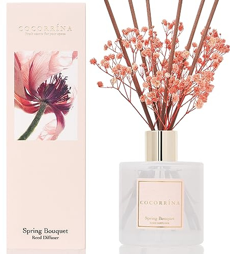Cocorrína Diffusore Profumo Ambiente - 200ml Diffusore profumato di Bouquet di Primavera con bastoncini di olio essenziale di fragranza per la casa per la decorazione della mensola del bagno
