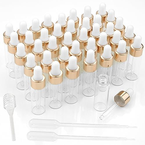 PuretéavHom Mini Pipettenflasche 40 Stk Tropfflasche Glasflasche mit Pipette 5 ml Transparente Dropper Bottle Kleine Fläschchen für Ätherisches Öl, Aromatherapie, Massage, Nagelpflegeöl (Gold)