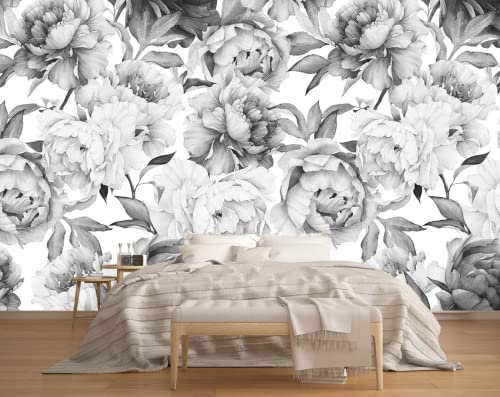 Naturempress Papier Peint Panoramique Fleur D'Art En Noir Et Blanc Papier Peint Intissé 3D Tapisserie Poster Decoration Murale Chambre Salon