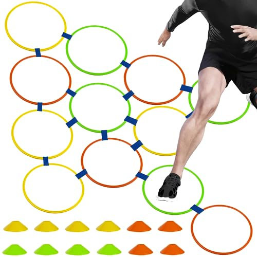 Kvittra Koordinationsringe mit Markierungshütchen – Koordinationsreifen im 12er-Set, 12 Sportmützen mit Schnallenriemen, Netztasche, Fußballmützen-Set für Fußball, Handball oder Koordinationstraining
