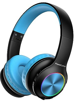 Kinderkopfhörer Bluetooth, PowerLocus Kinder Kopfhörer Kabellos mit LED-Leuchten 74/85/94dB Lautstärkebegrenzung, Faltbare Headset, HD Stereo, Micro SD, Eingebautes Mikrofon für Schule/Laptop/Handy/TV