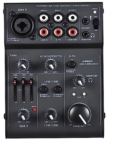 YIWENG Mixer,AGE03 5-Channel Mini Mic-Line Mixing Console Mixer with USB Audio Interface Built-in Echo Effect USB Powered for Recording DJ Network Live Broadcast Karaoke,Digital mixing console