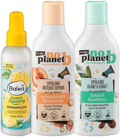 Balea x no planet b 3er-Set Haarpflege: Sprühkur Lemon Squeezy, 150 ml + Conditioner Intense Repair Tiefenpflege mit Aprikosenkernöl, 300 ml + Haarspülung Glanz & Kraft mit Kaffeeöl, 300 ml, (750 ml)