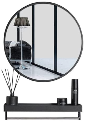NMK HOME Runder Spiegel 60 cm Wandspiegel Metall Regal | glas, metallrahmen, wandmontage, regalablage, bad, industrial look, waschtisch, schlafzimmer spiegel